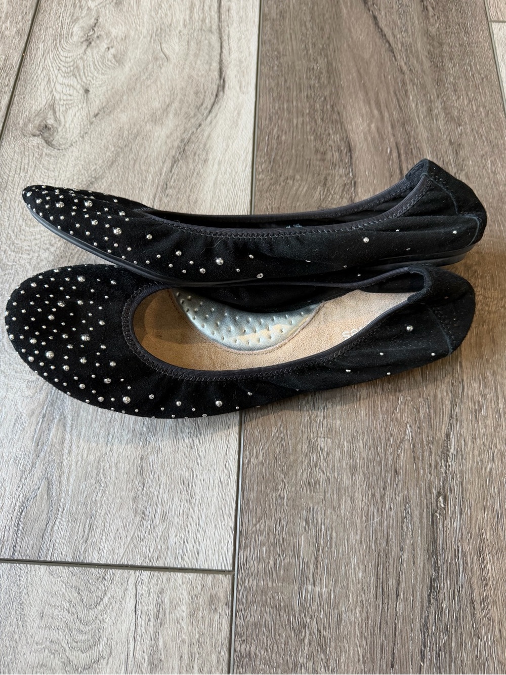 Hush Puppies-Chaste Black Suede Ballet Flats with Silver Stud Accents- Comfort - Picture 3 of 11